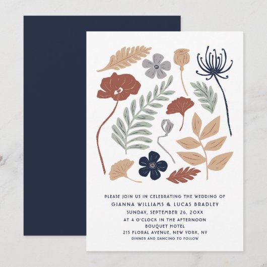シンプルな青いレッドウッドの花のモダンな結婚式 招待状 (正面/裏面)