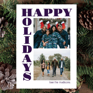 シンプルな青い太字のフォントの楽しいホリデー ツー フォト シーズンカード