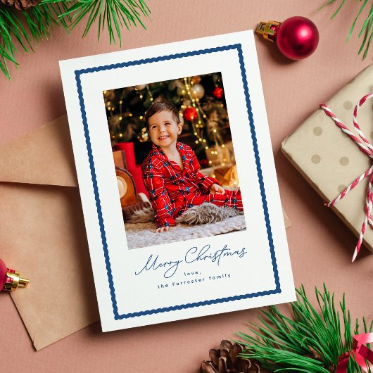 シンプルな青い波線フレームのクリスマス写真 シーズンカード