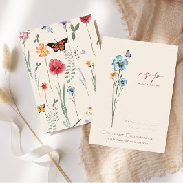 シンプルな青い野の花と蝶の結婚式RSVP 出欠カード