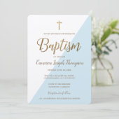 シンプルな青と白とゴールドのクロスバーチャル洗礼 招待状 (スタンド正面)