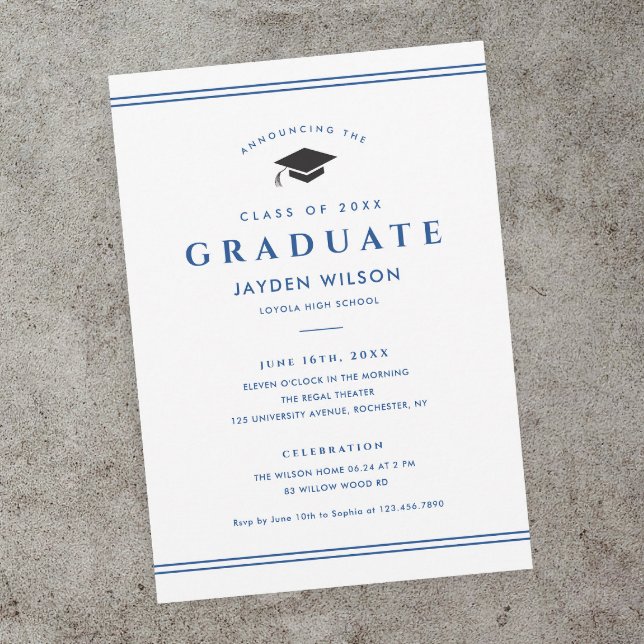 シンプルな青と白のスポーティーな卒業式招待状 (Classic blue and white sporty graduation magnetic invitation announcements.)