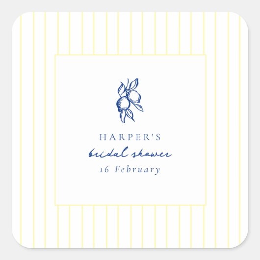 シンプルな青と黄色のレモン ブライダルシャワー フェイバー スクエアシール (正面)