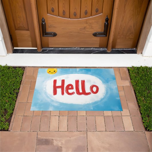 シンプルな青のHello Word ドアマット (室外)