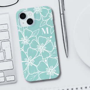 シンプルな青緑の花のイニシャルモノグラム iPhone 15ケース