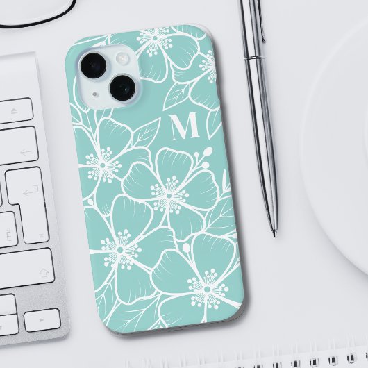 シンプルな青緑の花のイニシャルモノグラム Case-Mate iPhoneケース