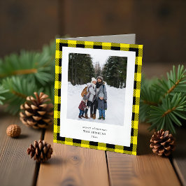シンプルな黄色と黒のチェック柄の縁取り 3枚の写真で作るクリスマス シーズンカード