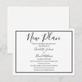 シンプルな黒と白のスクリプト 新しい計画 延期のお知らせ 案内ポストカード (正面/裏面)