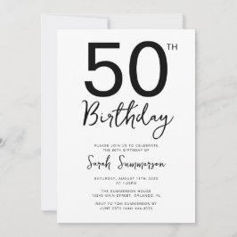 シンプルな黒と白のスクリプト 50歳の誕生日パーティー 招待状