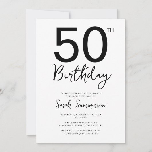 シンプルな黒と白のスクリプト 50歳の誕生日パーティー 招待状 (正面)