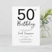 シンプルな黒と白のスクリプト 50歳の誕生日パーティー 招待状 (スタンド正面)