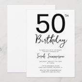 シンプルな黒と白のスクリプト 50歳の誕生日パーティー 招待状 (正面/裏面)