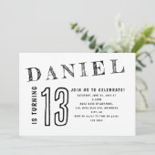 シンプルな黒と白のティーン少年誕生日 招待状 (スタンド正面)