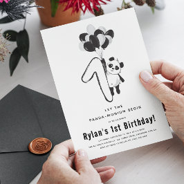 シンプルな黒と白のパンダの1歳の誕生日パーティー 招待状