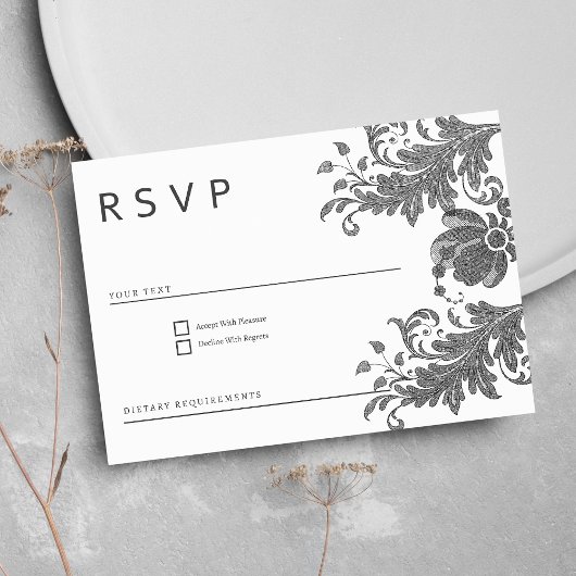 シンプルな黒と白のラメ入りフローラルレースRSVP 招待状