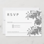シンプルな黒と白のラメ入りフローラルレースRSVP 招待状 (正面)