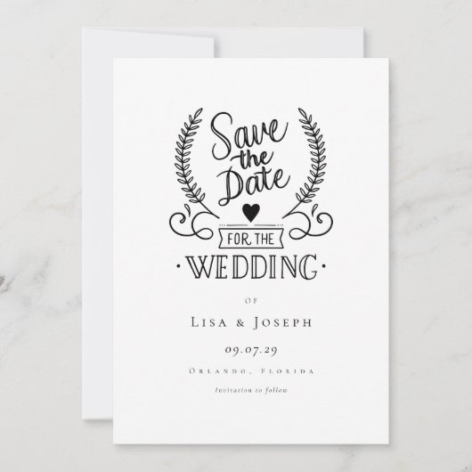 シンプルな黒と白の手書き風フォントの結婚式日程カード 招待状 (正面)