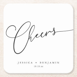 シンプルな黒と白の結婚式の名前 Cheers スクエアペーパーコースター