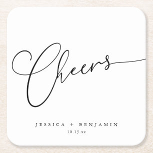 シンプルな黒と白の結婚式の名前 Cheers スクエアペーパーコースター