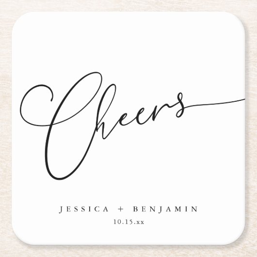 シンプルな黒と白の結婚式の名前 Cheers スクエアペーパーコースター (正面)