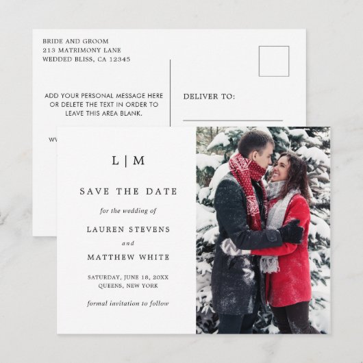 シンプルな黒と白の結婚式Save the Date 案内ポストカード (正面/裏面)