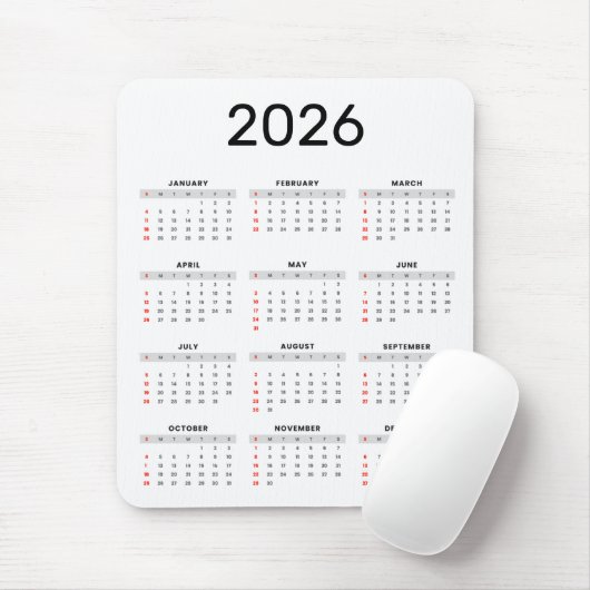 シンプルな黒と白の2026年カレンダー マウスパッド (マウス)