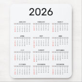 シンプルな黒と白の2026年カレンダー マウスパッド (正面)