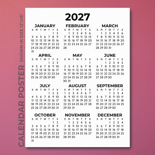 シンプルな黒と白の2027年カレンダー ポスター