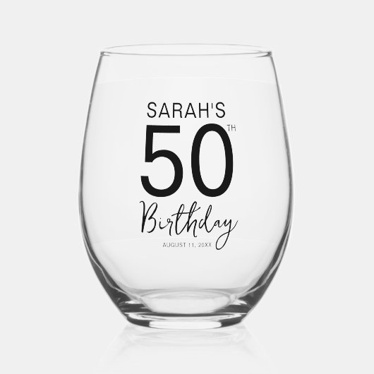 シンプルな黒と白の50歳の誕生日パーティー ステムなしワイングラス (正面)