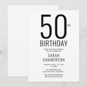 シンプルな黒と白の50歳の誕生日パーティー 招待状 (正面/裏面)