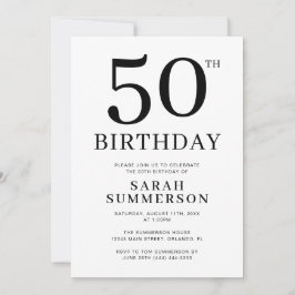 シンプルな黒と白の50歳の誕生日パーティー 招待状