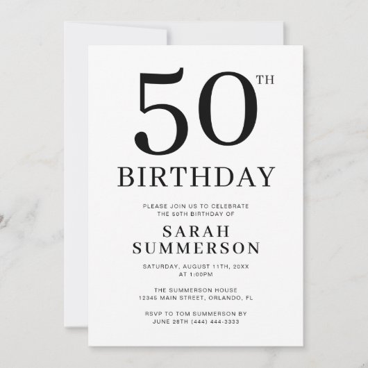 シンプルな黒と白の50歳の誕生日パーティー 招待状 (正面)
