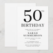 シンプルな黒と白の50歳の誕生日パーティー 招待状 (正面/裏面)