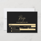 シンプルな黒と金の結婚式RSVP＋メニュー選択 出欠カード (正面)