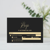シンプルな黒と金の結婚式RSVP＋メニュー選択 出欠カード (スタンド正面)