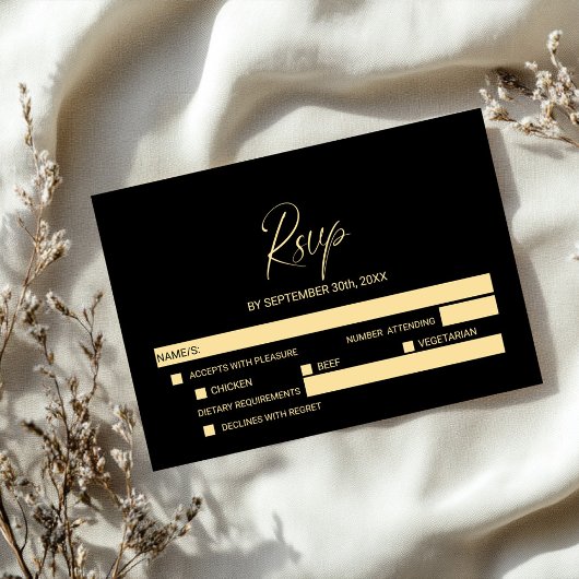 シンプルな黒と金の結婚式RSVP＋メニュー選択 出欠カード