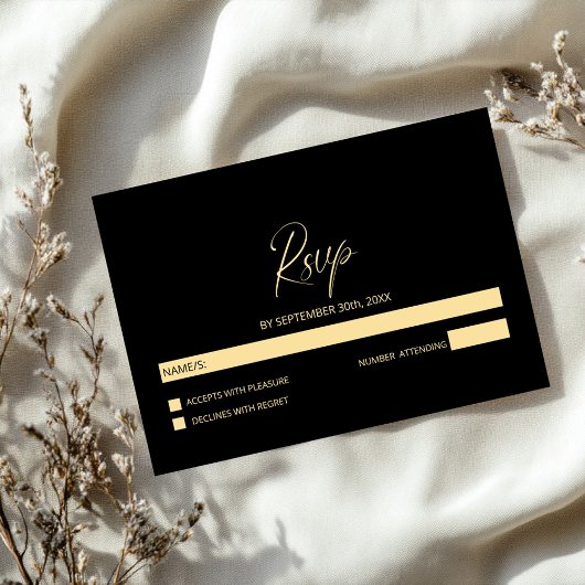 シンプルな黒と金の結婚式RSVP 出欠カード