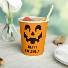 シンプルな黒のハッピーハロウィン・カボチャの顔 オレンジ 紙コップ
