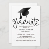 シンプルな黒の卒業帽のタイポグラフィー 招待状 (正面/裏面)