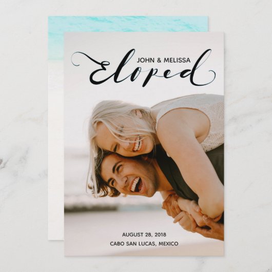 シンプルな黒は個人的な結婚式の発表駆け落ちしました 招待状 (正面/裏面)