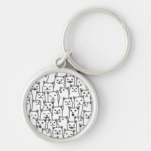 シンプルな黒白の猫の線画アートパターン キーホルダー (正面)