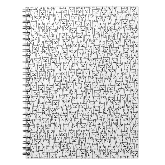 シンプルな黒白の猫の線画アートパターン ノートブック (正面)