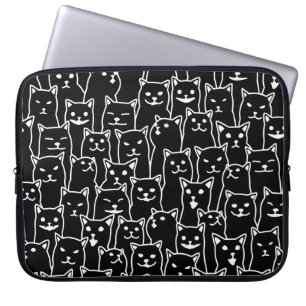 シンプルな黒白の猫の線画アートパターン ラップトップスリーブ