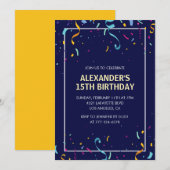 シンプルな15歳の誕生日招待状 メンズ コンフェッティ 招待状 (正面/裏面)