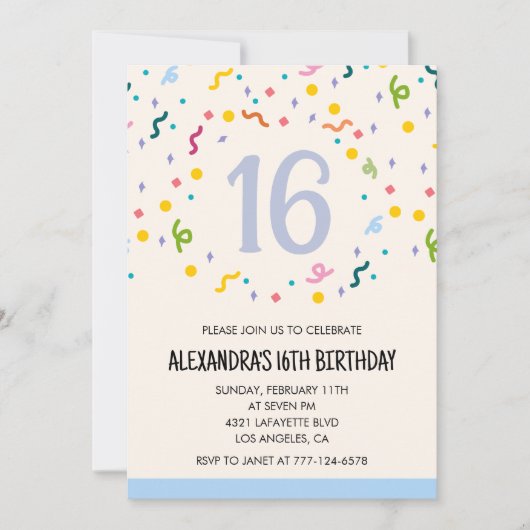 シンプルな16歳の誕生日招待状 コンフェティ モダン 招待状 (正面)