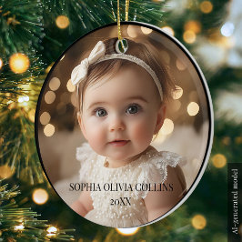 シンプルな2枚の写真で赤ちゃんの名前入りモダンなクリスマス セラミックオーナメント