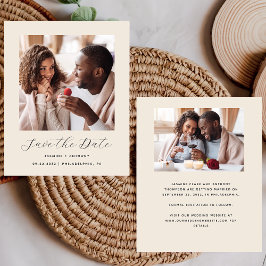 シンプルな2枚の写真のベージュの結婚式延期はがき