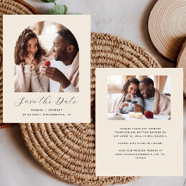 シンプルな2枚の写真を使ったボヘミアンスタイルの「Save the Date」カード(ベージュ)