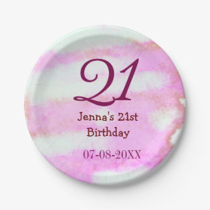 シンプルな21歳の誕生日パステルピンクグリーン 名前と日付入り ペーパープレート
