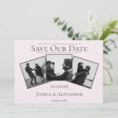 シンプルな3枚の写真の組み合わせ | ピンクの結婚式予告ハガキ セーブザデート (スタンド正面)